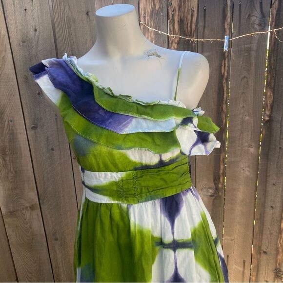 Busayo One Shoulder Ruffle Tie Dye Maxi Purple White and Green Dress - 0 - Picture 9 of 12
